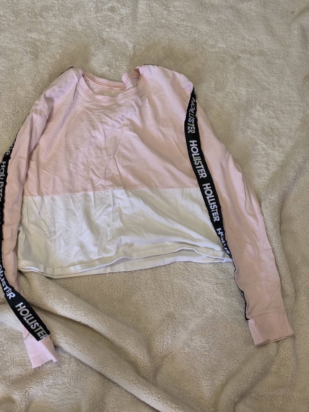 Hollister Pink and White Colorblock Crop Sweatshirt with Logo Sleeve Tape